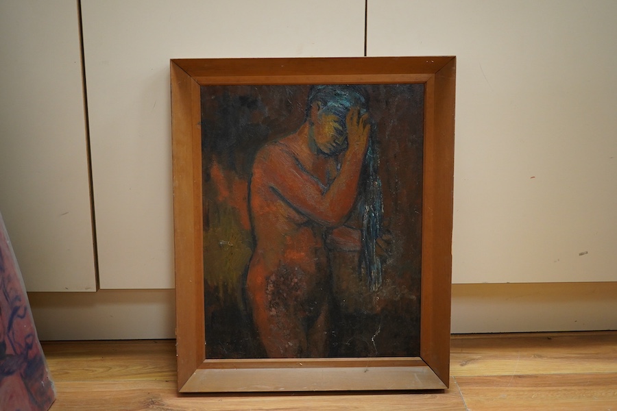 20th century School, oil on board, Study of a nude woman, 49 x 39cm. Condition - fair